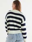 North South Merino Stripe Cropped Cardigan, Navy & Cream product photo View 02 S