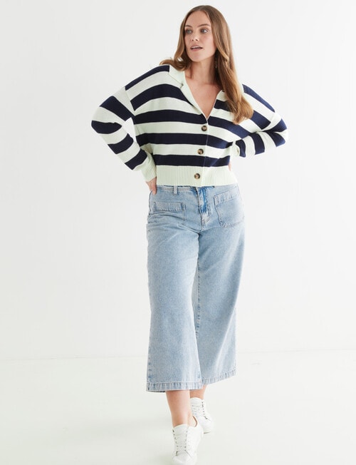 North South Merino Stripe Cropped Cardigan, Navy & Cream product photo View 03 L