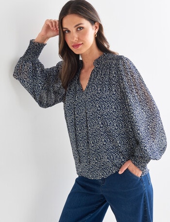 Whistle Floral Long Sleeve Printed Blouse, Navy & White product photo