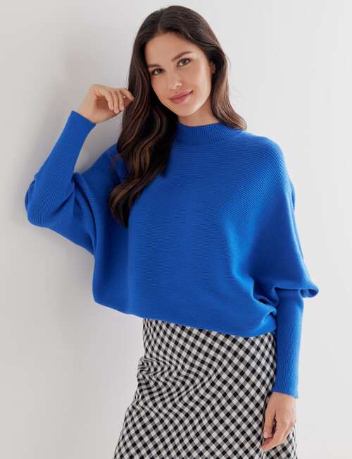 Whistle Rib Long Sleeve Batwing Jumper, Blue product photo