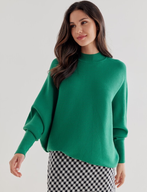 Whistle Rib Long Sleeve Batwing Jumper, Green product photo View 04 L