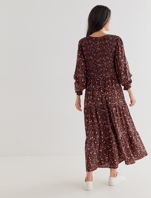 Whistle Autumn Ditsy Long Sleeve Shirred Neck Midi Dress, Brown product photo View 02 L