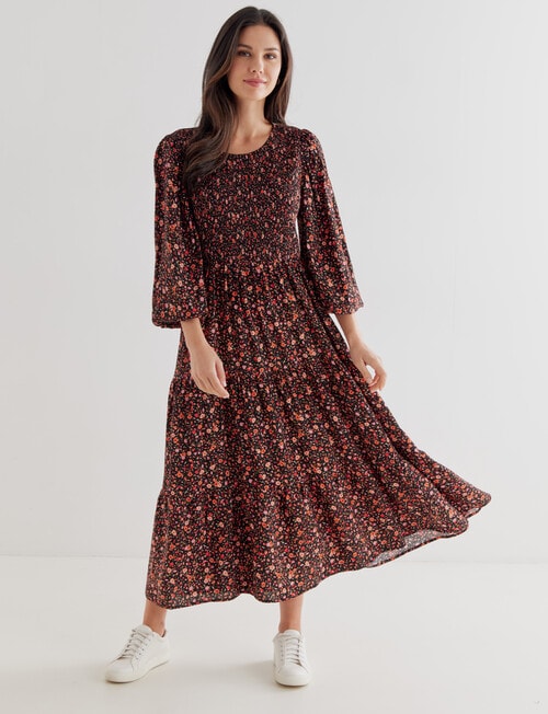Whistle Autumn Ditsy Long Sleeve Shirred Neck Midi Dress, Brown product photo View 03 L