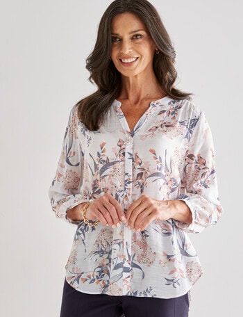 Ella J Floral Pleat Detail Shirt, White & Blue product photo
