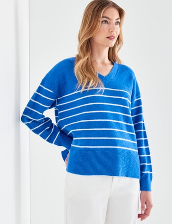 Zest V Neck Knitwear Jumper, Stripe Blue & Ivory product photo
