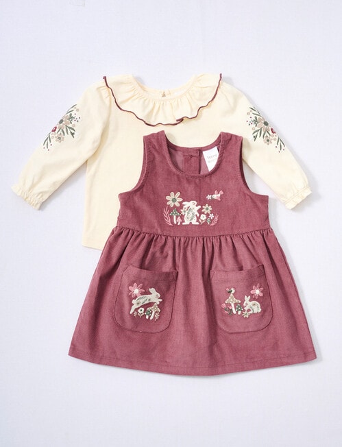 Teeny Weeny Cord Pinny and Long-Sleeve Shirt Set, 2-Piece, Black Raspberry & Warm White product photo View 03 L