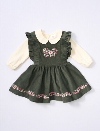 Teeny Weeny Frilled Cord Pinny and Long-Sleeve Shirt Set, 2-Piece, Blackboard Green & Warm White product photo