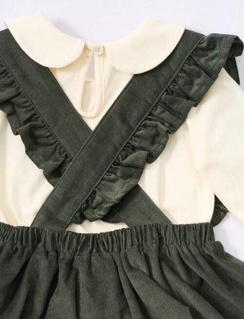 Teeny Weeny Frilled Cord Pinny and Long-Sleeve Shirt Set, 2-Piece, Blackboard Green & Warm White product photo View 02 L