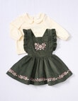 Teeny Weeny Frilled Cord Pinny and Long-Sleeve Shirt Set, 2-Piece, Blackboard Green & Warm White product photo View 03 S