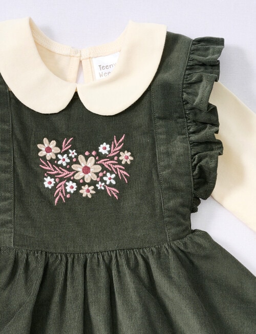Teeny Weeny Frilled Cord Pinny and Long-Sleeve Shirt Set, 2-Piece, Blackboard Green & Warm White product photo View 04 L