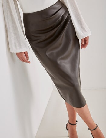Whistle Faux Leather Ruched Pencil Skirt, Chocolate product photo