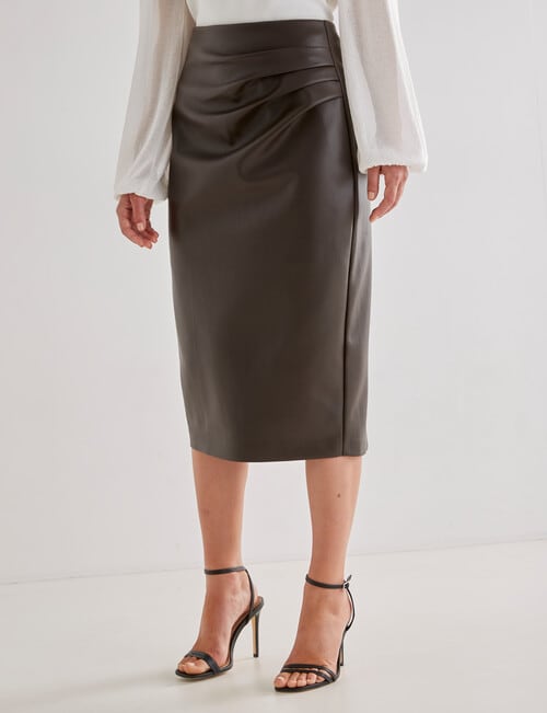 Whistle Faux Leather Ruched Pencil Skirt, Chocolate product photo View 04 L