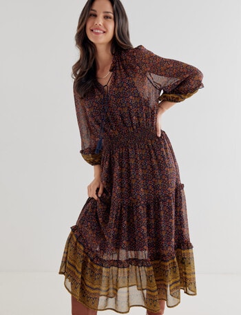 Whistle Autumn Print 3/4 Sleeve Tiered Dress, Brown product photo