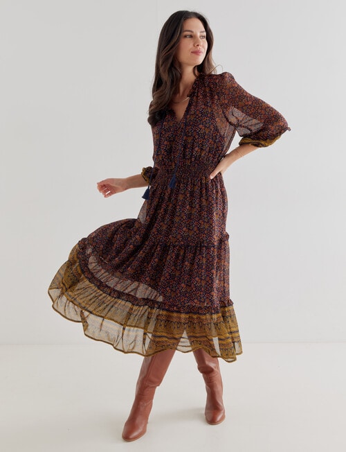 Whistle Autumn Print 3/4 Sleeve Tiered Dress, Brown product photo View 03 L