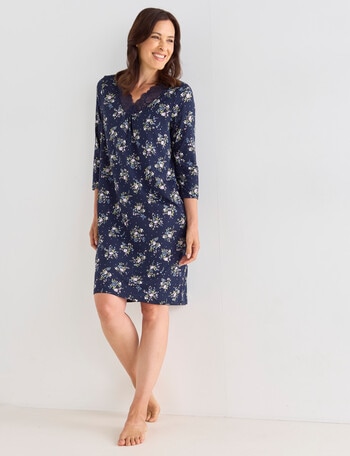 Ruby & Bloom Floral V-Neck Soft Touch Nightie, Navy, 10-26 product photo