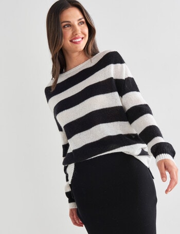 Whistle Stripe Long Sleeve Fluffy Jumper, Black & Cream product photo