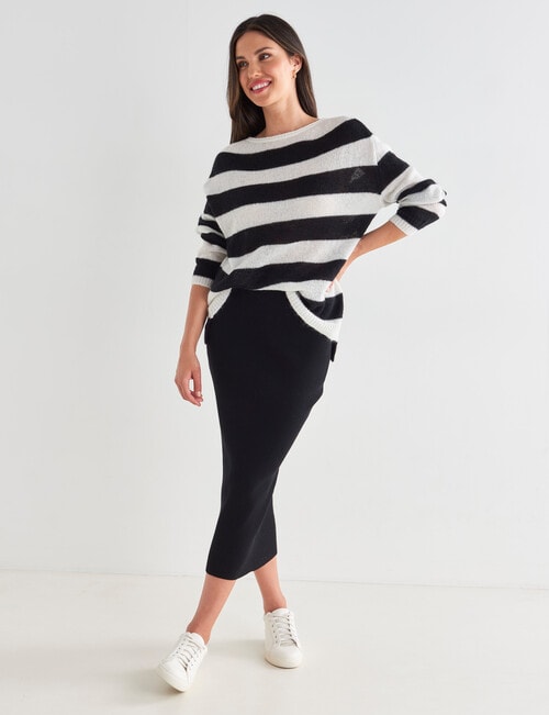 Whistle Stripe Long Sleeve Fluffy Jumper, Black & Cream product photo View 03 L