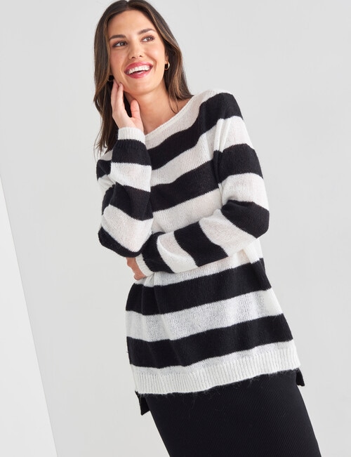 Whistle Stripe Long Sleeve Fluffy Jumper, Black & Cream product photo View 06 L