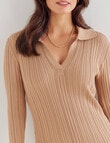 Whistle Long Sleeve Rib Knit Polo Shirt, Camel product photo View 04 S
