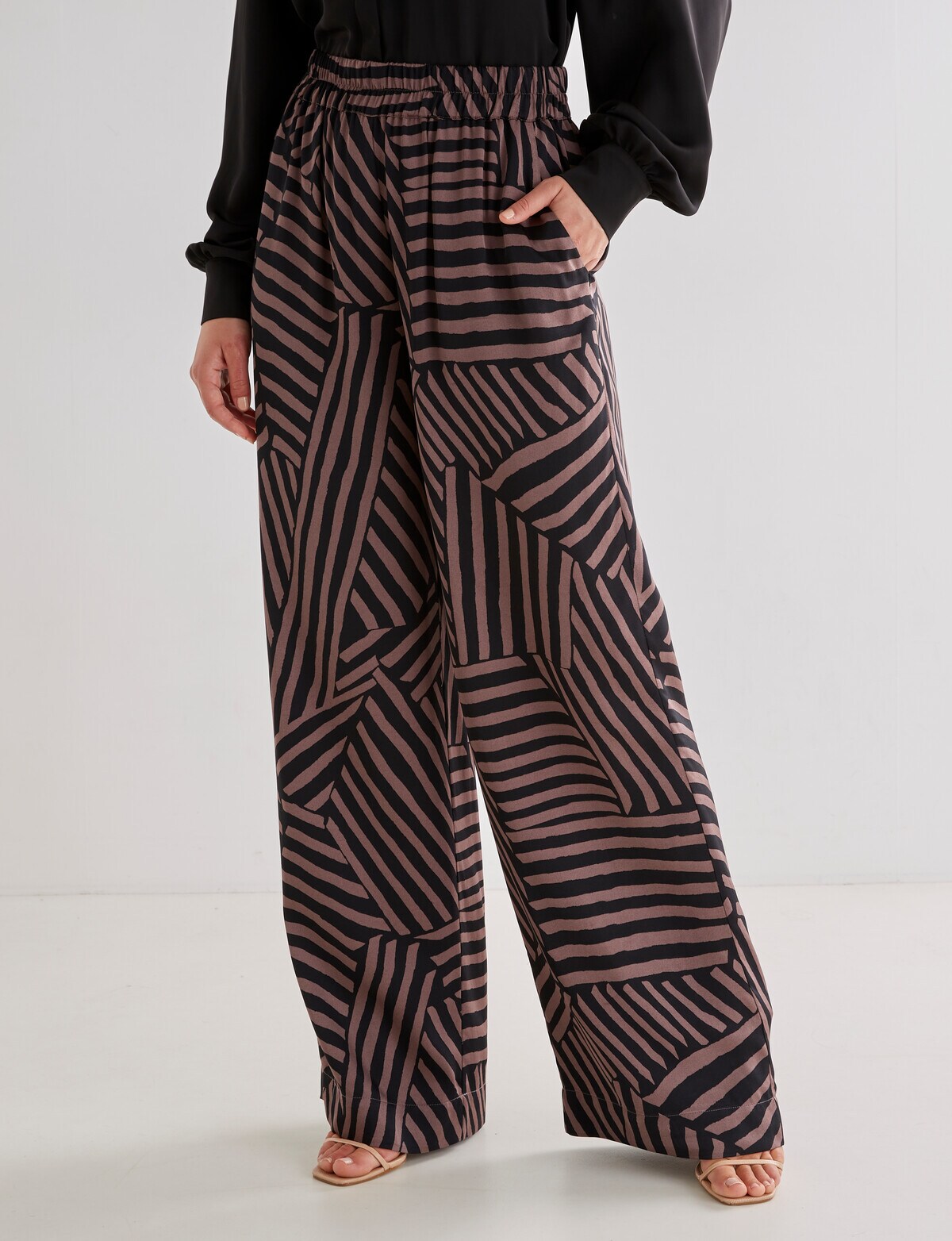 Whistle Printed Palazzo Pant, Black & Chocolate Pants & Leggings