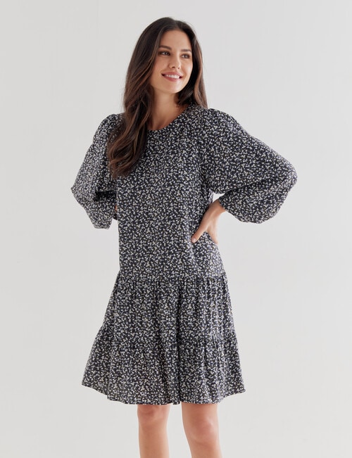 Whistle Ditsy Long Sleeve Drop Hem Dress, Navy & Green Dresses
