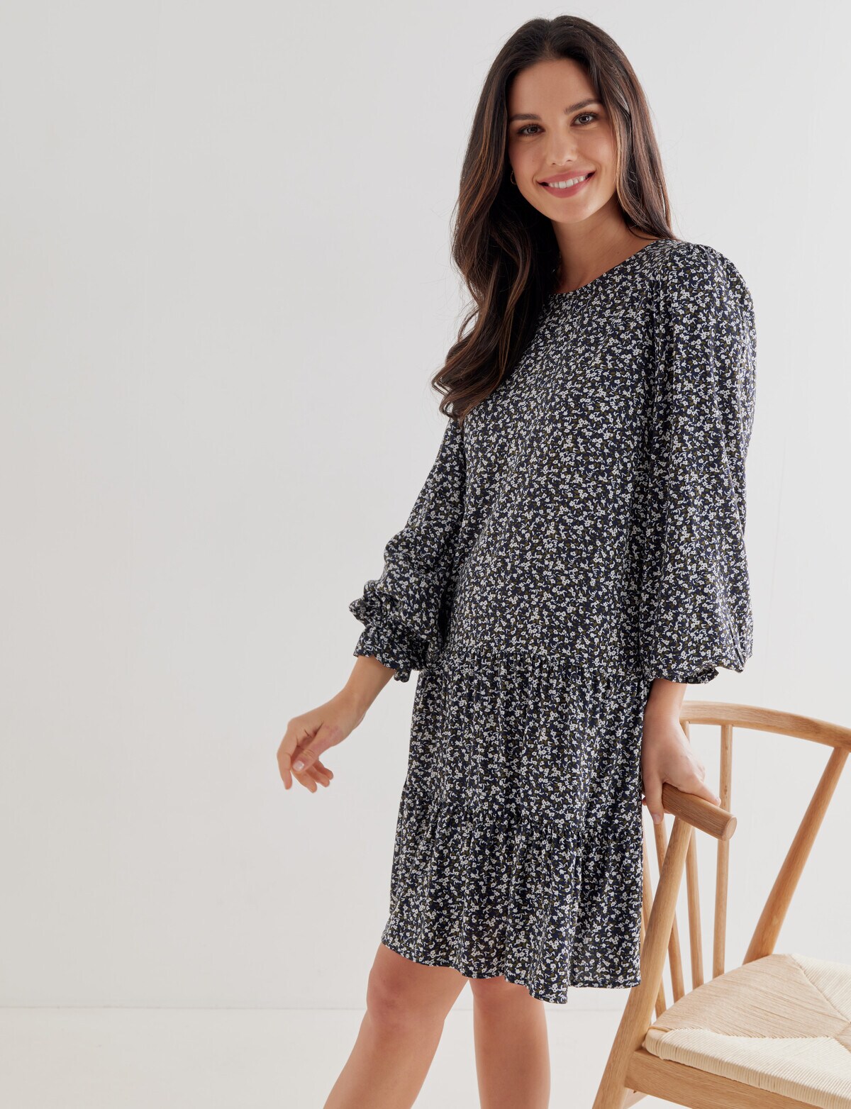 Whistle Ditsy Long Sleeve Drop Hem Dress, Navy & Green Dresses