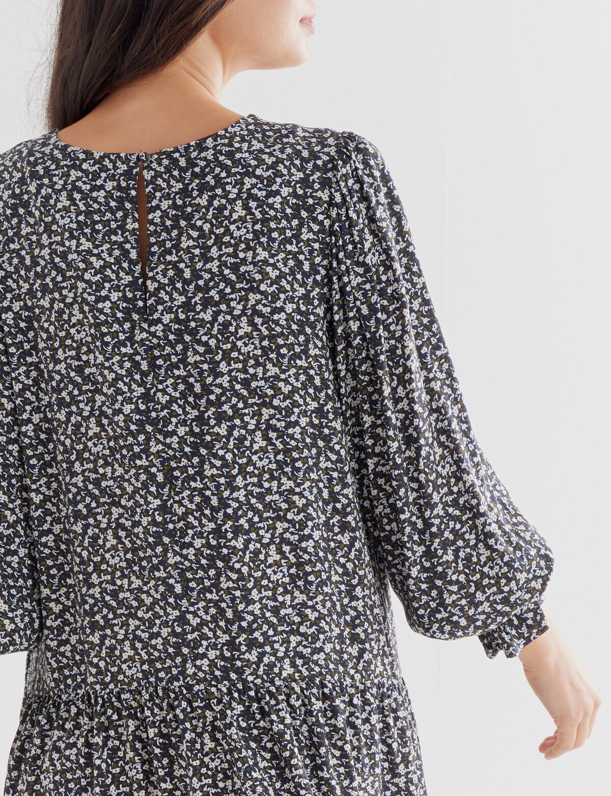 Whistle Ditsy Long Sleeve Drop Hem Dress, Navy & Green Dresses