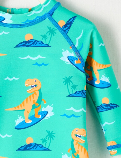 Teeny Weeny Dino Surfing Long-Sleeve Rash Suit, Green product photo View 02 L
