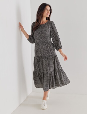 Whistle Ditsy 3/4 Sleeve Tiered Dress, Black & White product photo