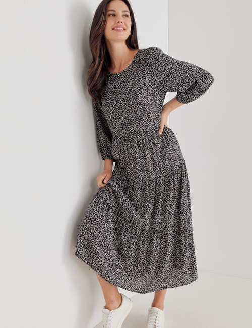 Whistle Ditsy 3/4 Sleeve Tiered Dress, Black & White product photo View 03 L