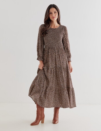 Whistle Ditsy 3/4 Shirred Neck Midi Dress, Brown product photo