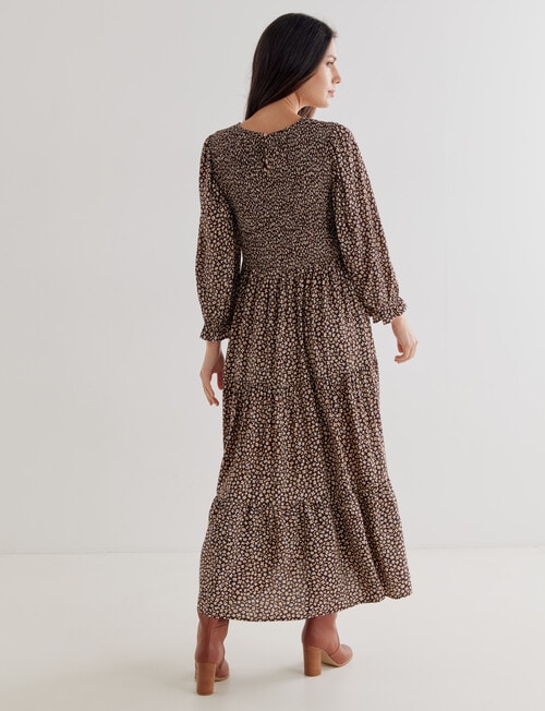 Whistle Ditsy 3/4 Shirred Neck Midi Dress, Brown product photo View 02 L