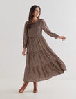 Whistle Ditsy 3/4 Shirred Neck Midi Dress, Brown product photo View 03 S