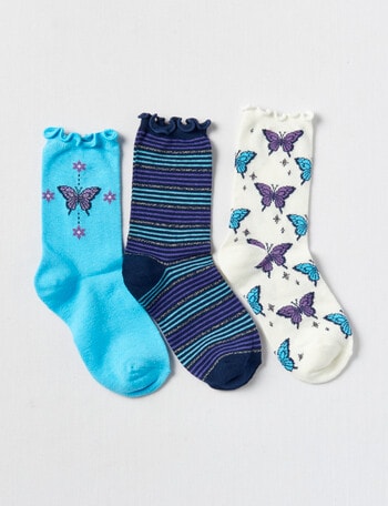 Simon De Winter Butterfly Crew Sock, 3-Pack, Blue product photo