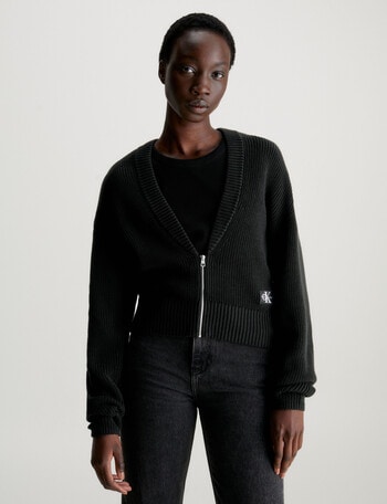 Calvin Klein Woven Label Ziped Cardigan, Black product photo
