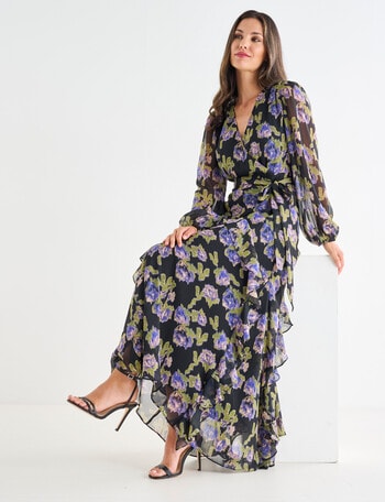Harlow Long Sleeve Frill Maxi Dress, Green Floral product photo