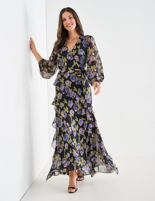Harlow Long Sleeve Frill Maxi Dress, Green Floral product photo View 03 L