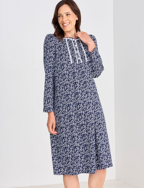 Ruby & Bloom Long Sleeve Cotton Nightie, Navy Leaf product photo View 03 L