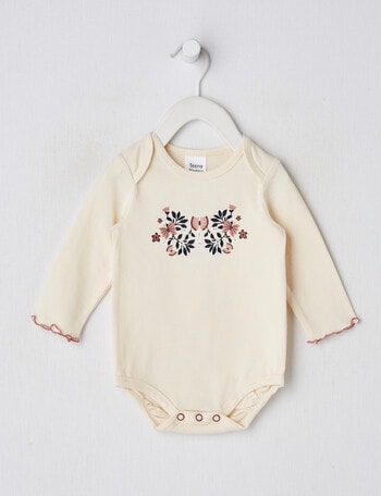 Teeny Weeny Floral Butterfly Print Long Sleeve Bodysuit, Grey Marle product photo