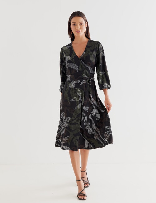 Oliver Black Multi Print Half Sleeve Wrap Dress, Black product photo View 03 L
