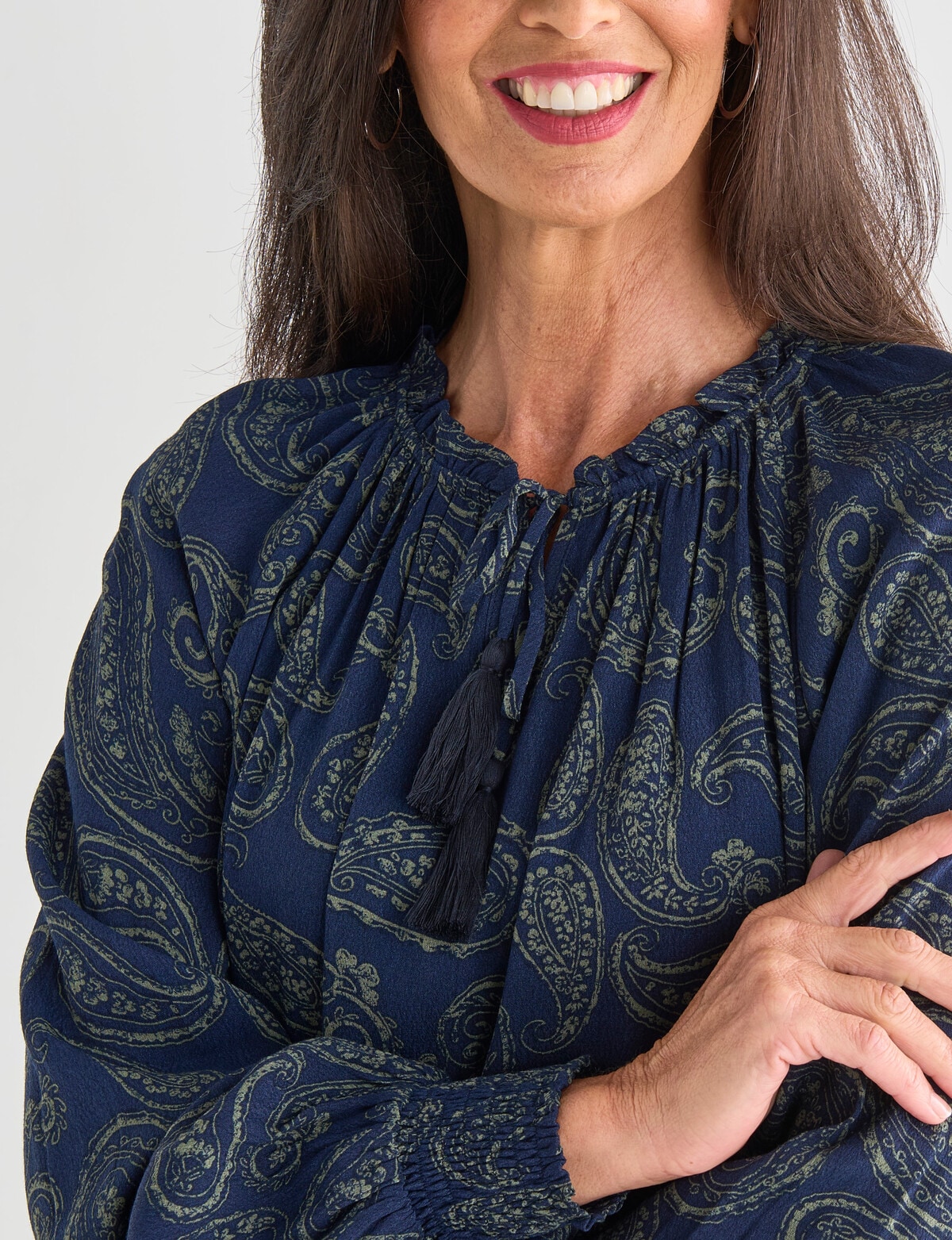 Ella J Paisley Shirred Hem Top, Navy - Tops