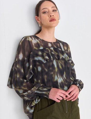 State of play Cosmos Ruffle Blouse, Green Pattern product photo