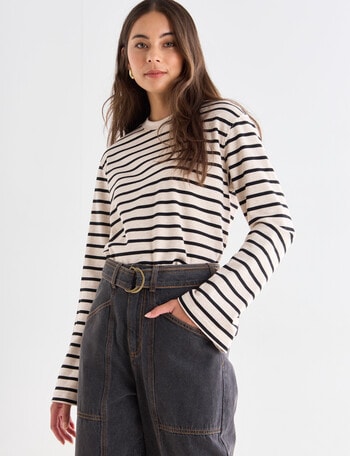 Mineral Stripe Boxy Top, Oatmeal & Black product photo
