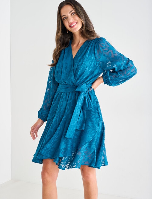 Harlow Long Sleeve V-Neck Jacquard Party Dress, Ocean Green product photo View 05 L