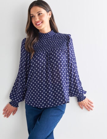 Whistle Coin Spot Long Sleeve Ruffle Shirred Front Top, Navy product photo