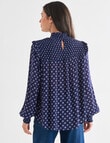 Whistle Coin Spot Long Sleeve Ruffle Shirred Front Top, Navy product photo View 02 S