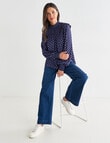Whistle Coin Spot Long Sleeve Ruffle Shirred Front Top, Navy product photo View 03 S