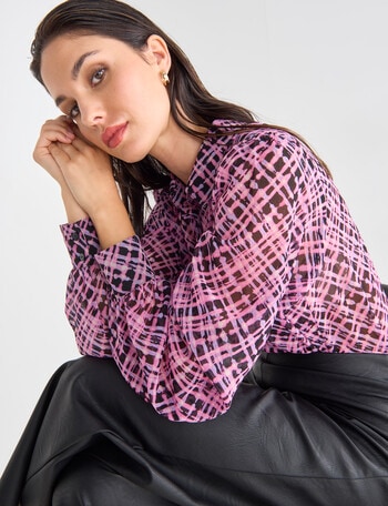 Whistle Grid Print Long-Sleeve Fashion Blouse, Purple product photo