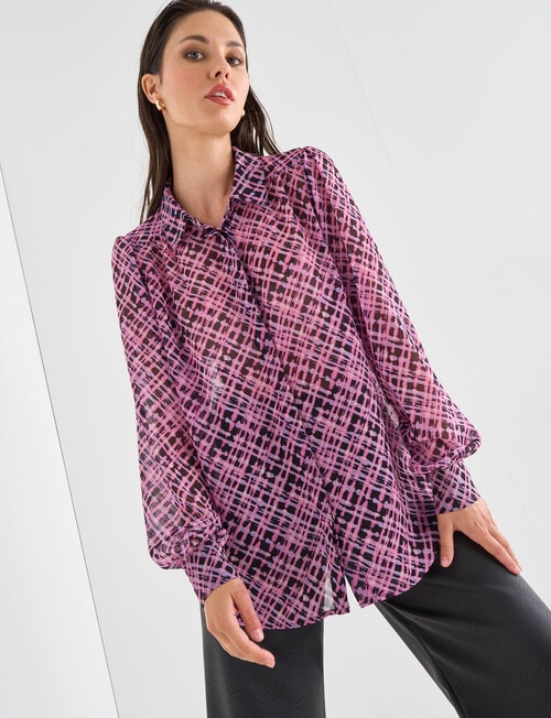 Whistle Grid Print Long-Sleeve Fashion Blouse, Purple product photo View 05 L