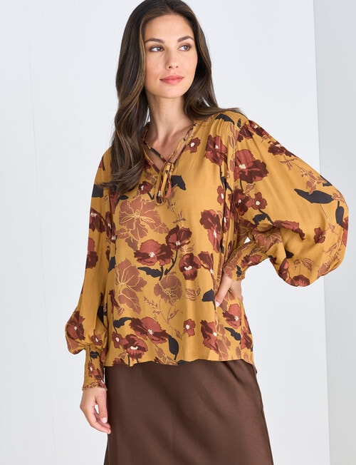 Whistle Vienna Floral Long Sleeve Blouse, Tan product photo View 05 L